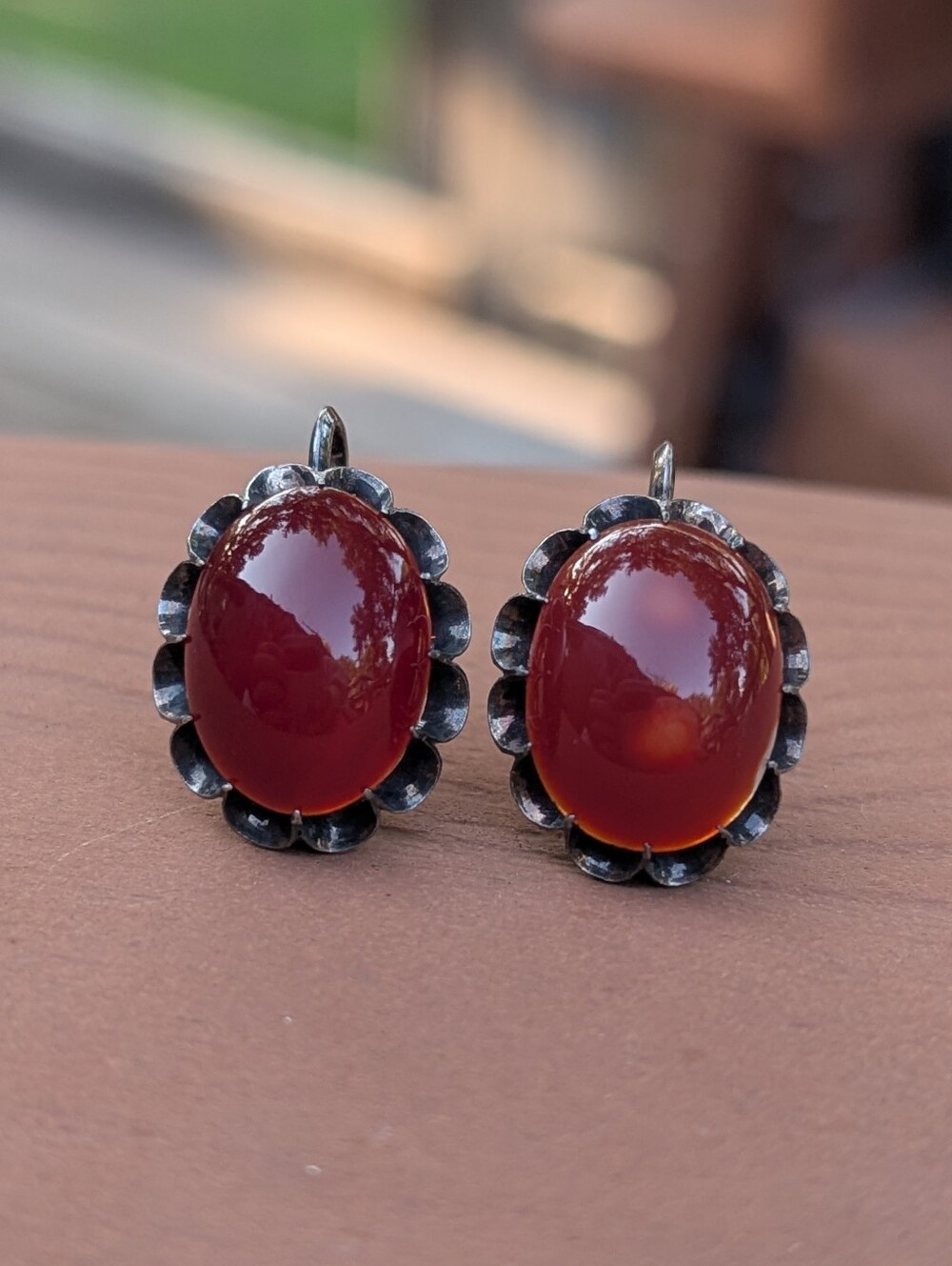 Sterling Silver Red Carnelian Oval Drop Earrings Clip On